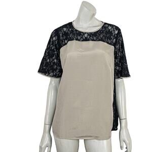 MARINA RINALD Large Lace Trim Blouse Gray Black Color-Block Large